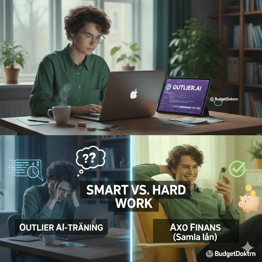 Outlier.ai omdöme - person vid dator som jämför med Axo Finans